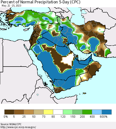 Middle East and Turkey Percent of Normal Precipitation 5-Day (CPC) Thematic Map For 5/21/2023 - 5/25/2023