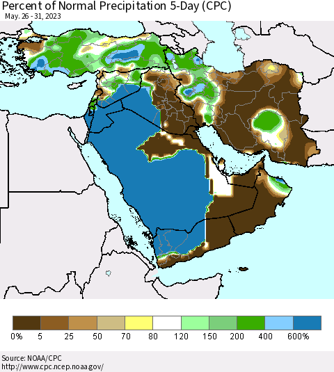 Middle East and Turkey Percent of Normal Precipitation 5-Day (CPC) Thematic Map For 5/26/2023 - 5/31/2023
