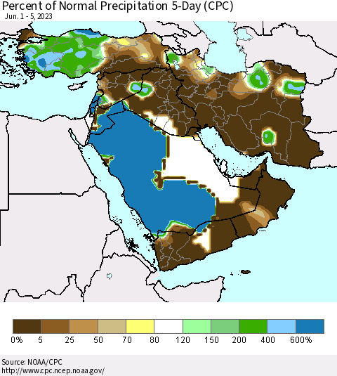 Middle East and Turkey Percent of Normal Precipitation 5-Day (CPC) Thematic Map For 6/1/2023 - 6/5/2023