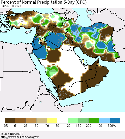Middle East and Turkey Percent of Normal Precipitation 5-Day (CPC) Thematic Map For 6/6/2023 - 6/10/2023
