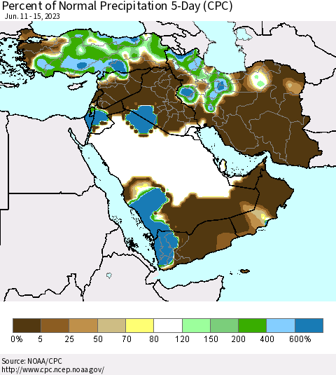Middle East and Turkey Percent of Normal Precipitation 5-Day (CPC) Thematic Map For 6/11/2023 - 6/15/2023