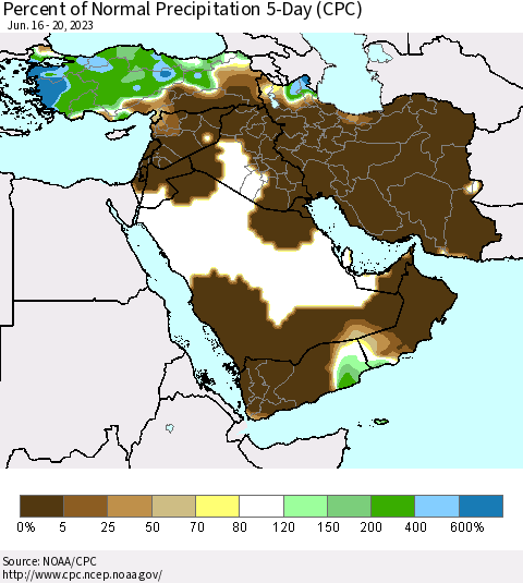 Middle East and Turkey Percent of Normal Precipitation 5-Day (CPC) Thematic Map For 6/16/2023 - 6/20/2023