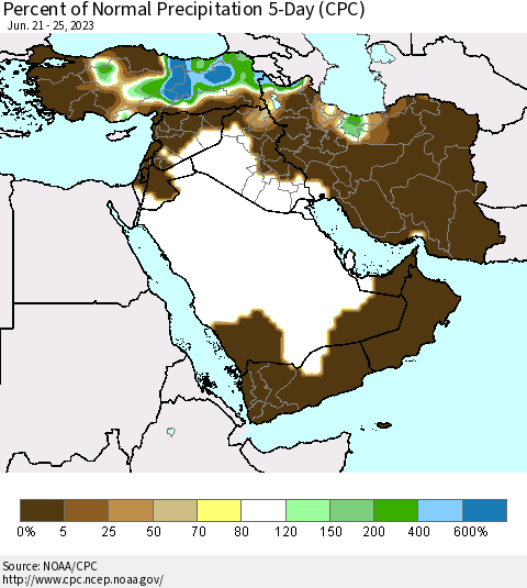 Middle East and Turkey Percent of Normal Precipitation 5-Day (CPC) Thematic Map For 6/21/2023 - 6/25/2023