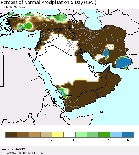 Middle East and Turkey Percent of Normal Precipitation 5-Day (CPC) Thematic Map For 6/26/2023 - 6/30/2023