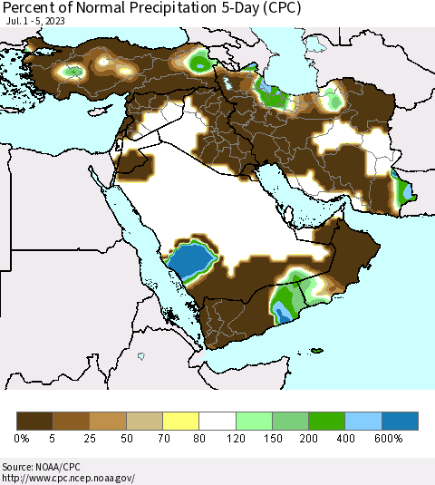 Middle East and Turkey Percent of Normal Precipitation 5-Day (CPC) Thematic Map For 7/1/2023 - 7/5/2023