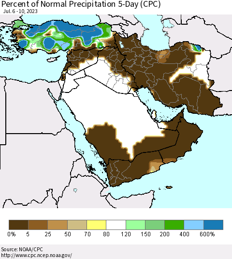 Middle East and Turkey Percent of Normal Precipitation 5-Day (CPC) Thematic Map For 7/6/2023 - 7/10/2023