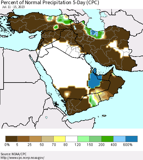 Middle East and Turkey Percent of Normal Precipitation 5-Day (CPC) Thematic Map For 7/11/2023 - 7/15/2023