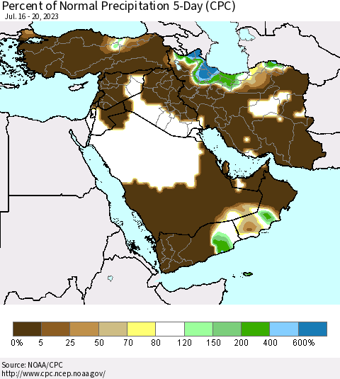 Middle East and Turkey Percent of Normal Precipitation 5-Day (CPC) Thematic Map For 7/16/2023 - 7/20/2023