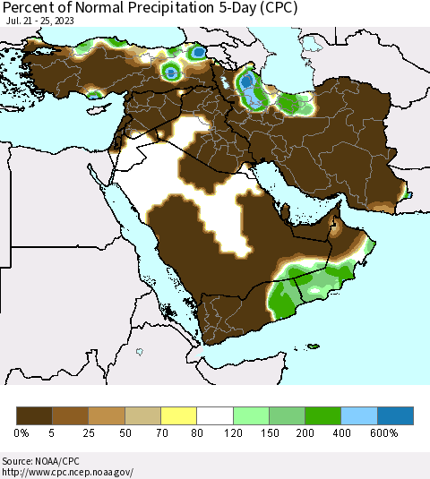 Middle East and Turkey Percent of Normal Precipitation 5-Day (CPC) Thematic Map For 7/21/2023 - 7/25/2023