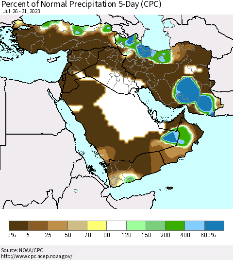 Middle East and Turkey Percent of Normal Precipitation 5-Day (CPC) Thematic Map For 7/26/2023 - 7/31/2023