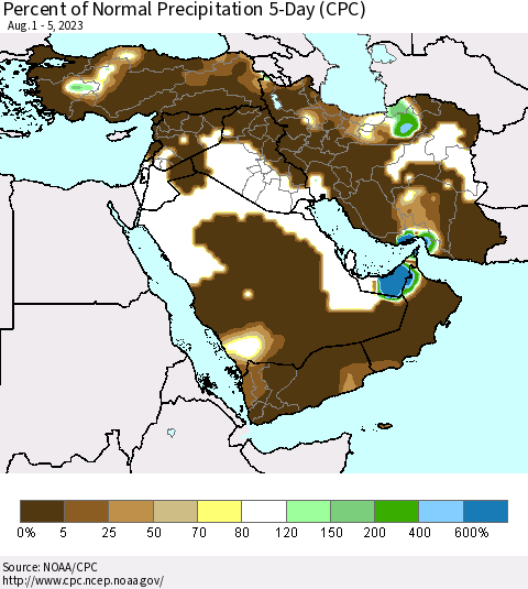 Middle East and Turkey Percent of Normal Precipitation 5-Day (CPC) Thematic Map For 8/1/2023 - 8/5/2023
