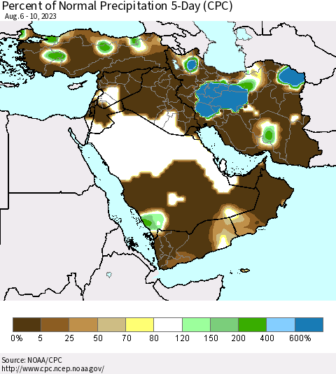 Middle East and Turkey Percent of Normal Precipitation 5-Day (CPC) Thematic Map For 8/6/2023 - 8/10/2023