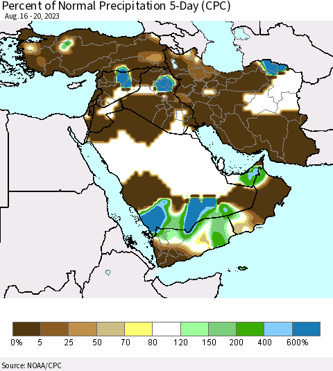 Middle East and Turkey Percent of Normal Precipitation 5-Day (CPC) Thematic Map For 8/16/2023 - 8/20/2023