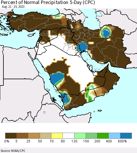 Middle East and Turkey Percent of Normal Precipitation 5-Day (CPC) Thematic Map For 8/21/2023 - 8/25/2023