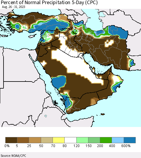 Middle East and Turkey Percent of Normal Precipitation 5-Day (CPC) Thematic Map For 8/26/2023 - 8/31/2023