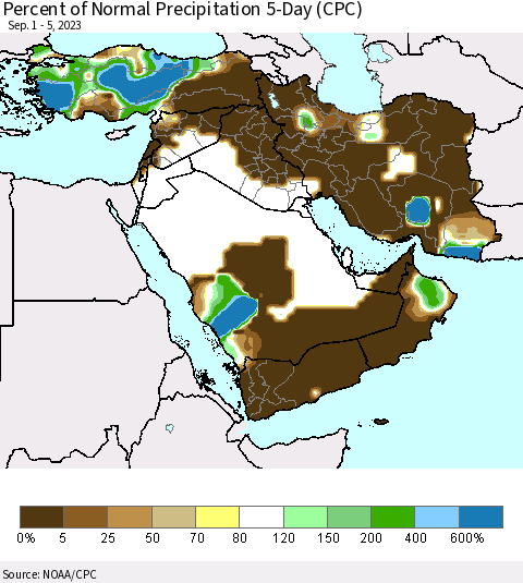 Middle East and Turkey Percent of Normal Precipitation 5-Day (CPC) Thematic Map For 9/1/2023 - 9/5/2023