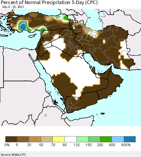 Middle East and Turkey Percent of Normal Precipitation 5-Day (CPC) Thematic Map For 9/6/2023 - 9/10/2023
