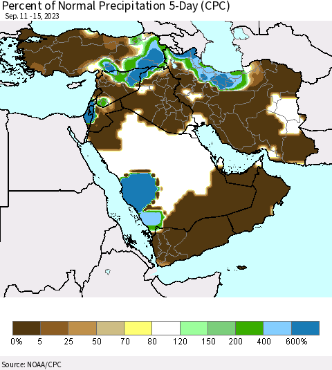 Middle East and Turkey Percent of Normal Precipitation 5-Day (CPC) Thematic Map For 9/11/2023 - 9/15/2023