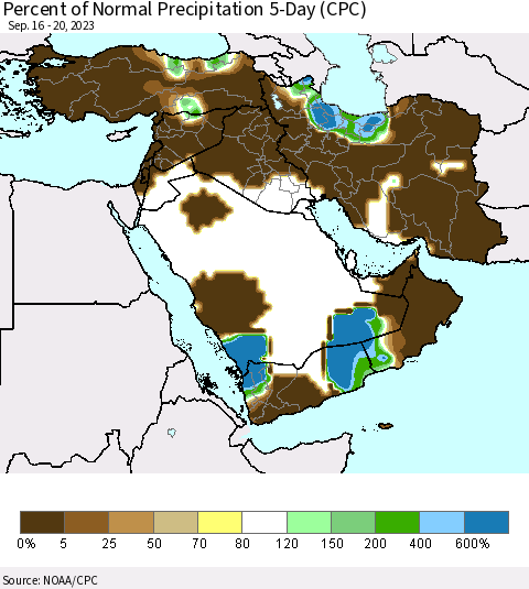 Middle East and Turkey Percent of Normal Precipitation 5-Day (CPC) Thematic Map For 9/16/2023 - 9/20/2023