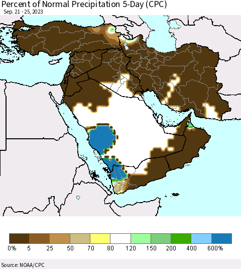 Middle East and Turkey Percent of Normal Precipitation 5-Day (CPC) Thematic Map For 9/21/2023 - 9/25/2023