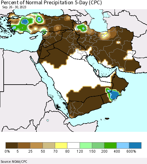 Middle East and Turkey Percent of Normal Precipitation 5-Day (CPC) Thematic Map For 9/26/2023 - 9/30/2023