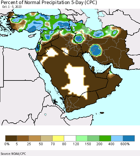 Middle East and Turkey Percent of Normal Precipitation 5-Day (CPC) Thematic Map For 10/1/2023 - 10/5/2023