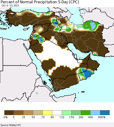 Middle East and Turkey Percent of Normal Precipitation 5-Day (CPC) Thematic Map For 10/6/2023 - 10/10/2023