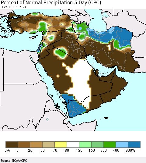 Middle East and Turkey Percent of Normal Precipitation 5-Day (CPC) Thematic Map For 10/11/2023 - 10/15/2023
