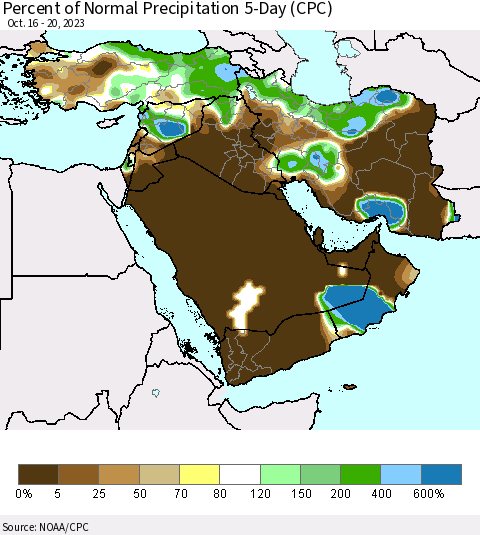 Middle East and Turkey Percent of Normal Precipitation 5-Day (CPC) Thematic Map For 10/16/2023 - 10/20/2023