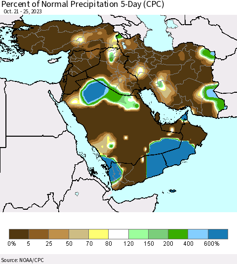 Middle East and Turkey Percent of Normal Precipitation 5-Day (CPC) Thematic Map For 10/21/2023 - 10/25/2023