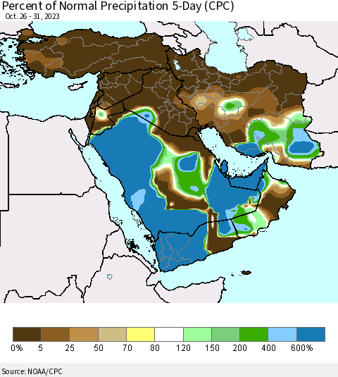 Middle East and Turkey Percent of Normal Precipitation 5-Day (CPC) Thematic Map For 10/26/2023 - 10/31/2023