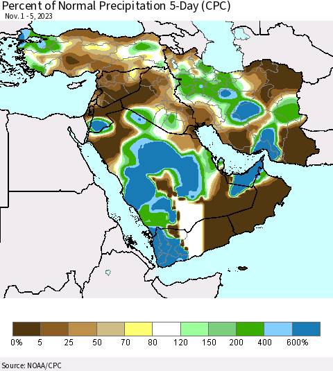 Middle East and Turkey Percent of Normal Precipitation 5-Day (CPC) Thematic Map For 11/1/2023 - 11/5/2023