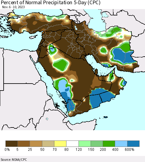 Middle East and Turkey Percent of Normal Precipitation 5-Day (CPC) Thematic Map For 11/6/2023 - 11/10/2023