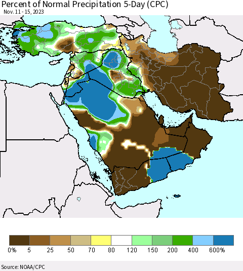 Middle East and Turkey Percent of Normal Precipitation 5-Day (CPC) Thematic Map For 11/11/2023 - 11/15/2023