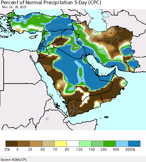 Middle East and Turkey Percent of Normal Precipitation 5-Day (CPC) Thematic Map For 11/16/2023 - 11/20/2023