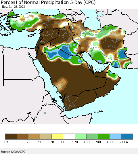 Middle East and Turkey Percent of Normal Precipitation 5-Day (CPC) Thematic Map For 11/21/2023 - 11/25/2023