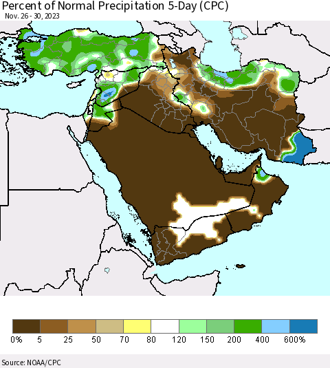 Middle East and Turkey Percent of Normal Precipitation 5-Day (CPC) Thematic Map For 11/26/2023 - 11/30/2023