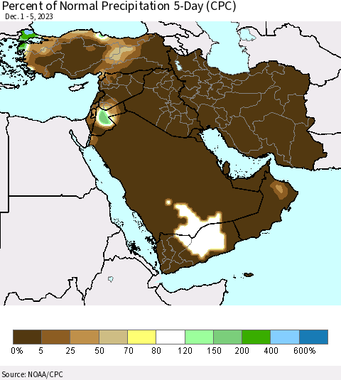 Middle East and Turkey Percent of Normal Precipitation 5-Day (CPC) Thematic Map For 12/1/2023 - 12/5/2023