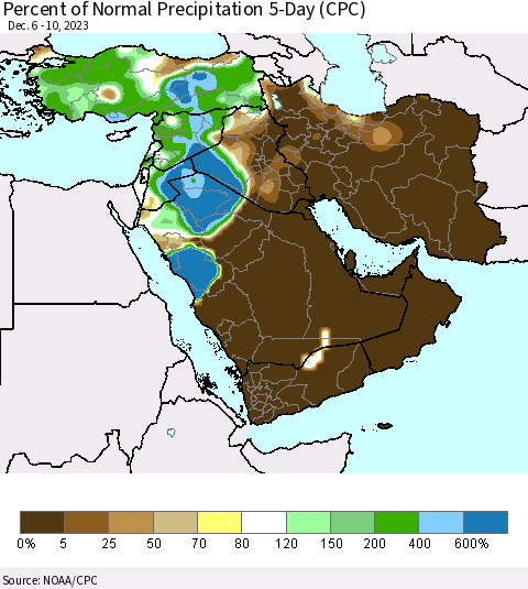 Middle East and Turkey Percent of Normal Precipitation 5-Day (CPC) Thematic Map For 12/6/2023 - 12/10/2023