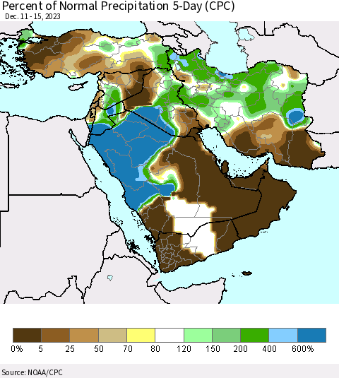 Middle East and Turkey Percent of Normal Precipitation 5-Day (CPC) Thematic Map For 12/11/2023 - 12/15/2023