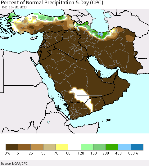 Middle East and Turkey Percent of Normal Precipitation 5-Day (CPC) Thematic Map For 12/16/2023 - 12/20/2023