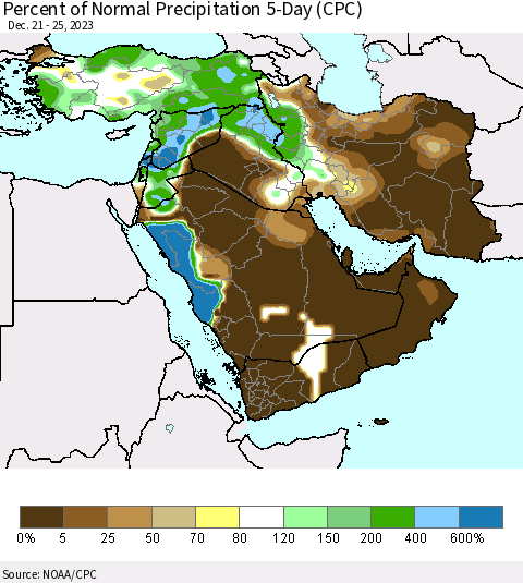 Middle East and Turkey Percent of Normal Precipitation 5-Day (CPC) Thematic Map For 12/21/2023 - 12/25/2023