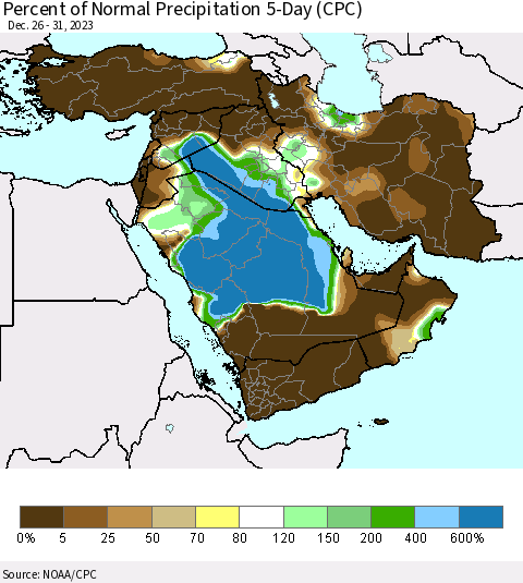 Middle East and Turkey Percent of Normal Precipitation 5-Day (CPC) Thematic Map For 12/26/2023 - 12/31/2023