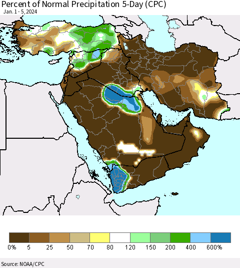Middle East and Turkey Percent of Normal Precipitation 5-Day (CPC) Thematic Map For 1/1/2024 - 1/5/2024