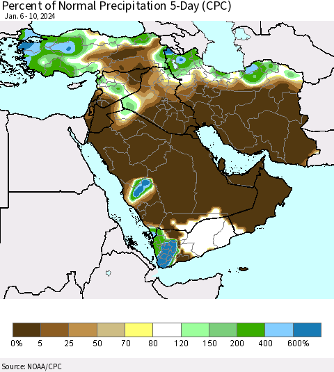 Middle East and Turkey Percent of Normal Precipitation 5-Day (CPC) Thematic Map For 1/6/2024 - 1/10/2024