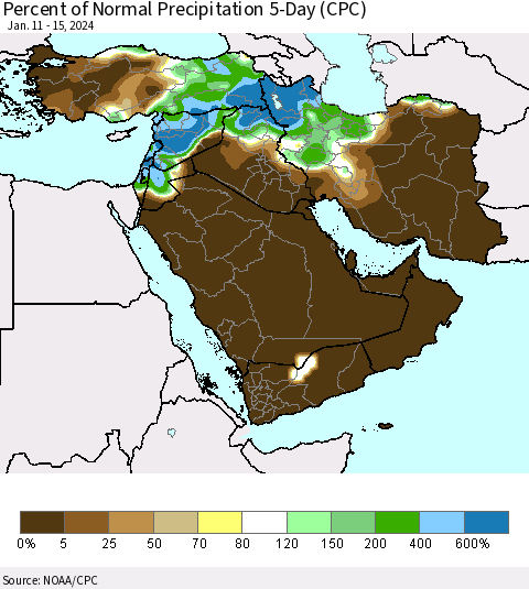 Middle East and Turkey Percent of Normal Precipitation 5-Day (CPC) Thematic Map For 1/11/2024 - 1/15/2024