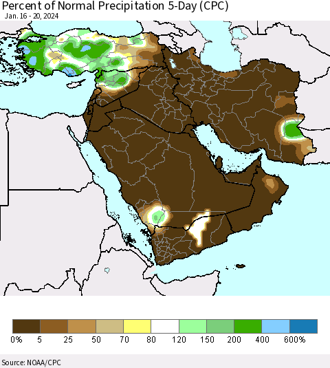 Middle East and Turkey Percent of Normal Precipitation 5-Day (CPC) Thematic Map For 1/16/2024 - 1/20/2024