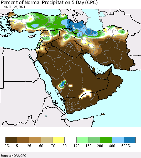 Middle East and Turkey Percent of Normal Precipitation 5-Day (CPC) Thematic Map For 1/21/2024 - 1/25/2024