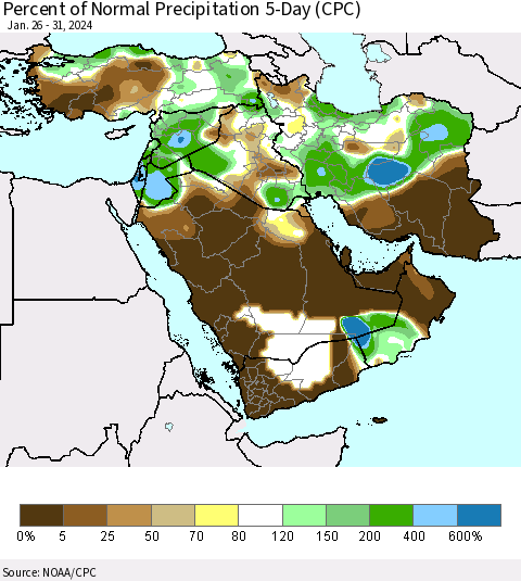 Middle East and Turkey Percent of Normal Precipitation 5-Day (CPC) Thematic Map For 1/26/2024 - 1/31/2024