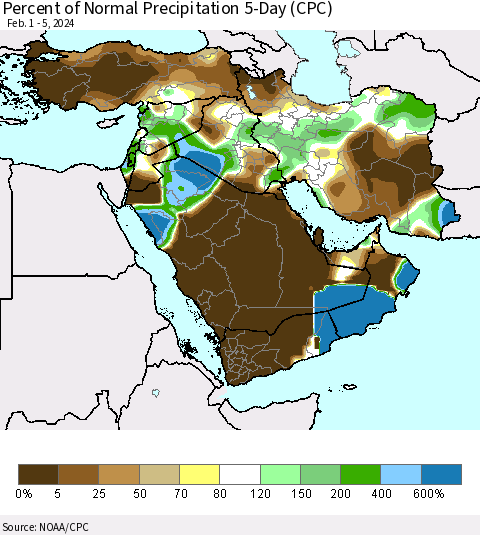 Middle East and Turkey Percent of Normal Precipitation 5-Day (CPC) Thematic Map For 2/1/2024 - 2/5/2024